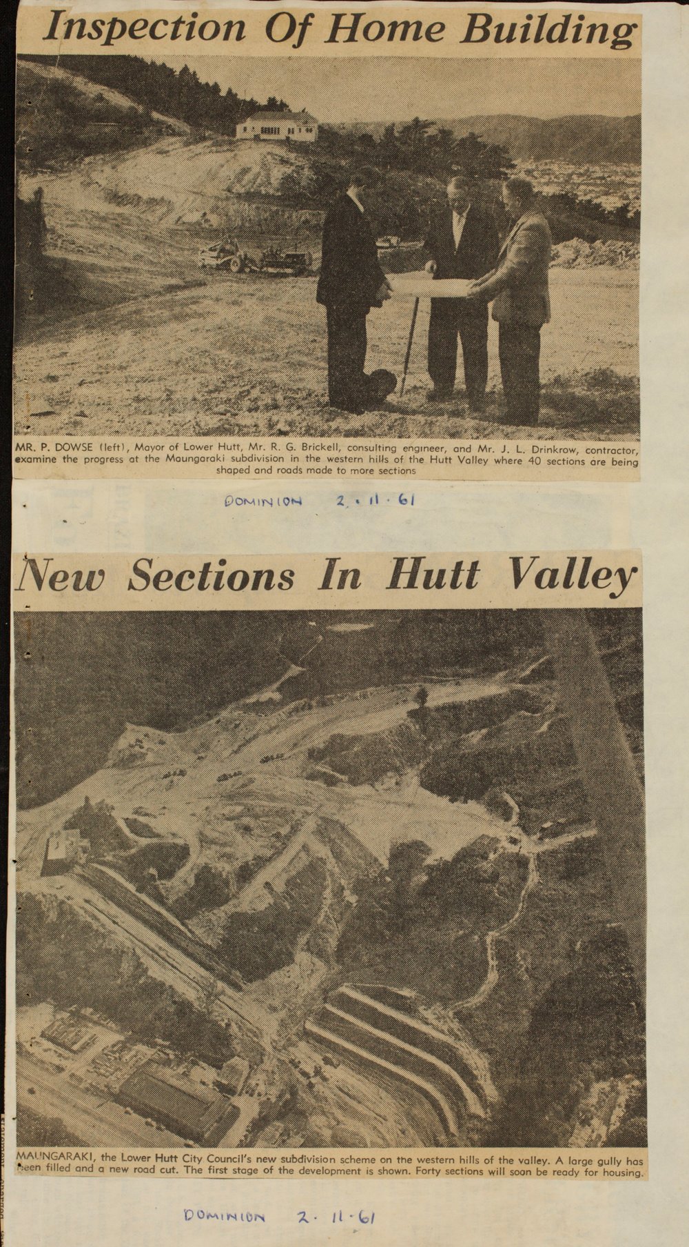 Inspection of home building; New sections in Hutt Valley