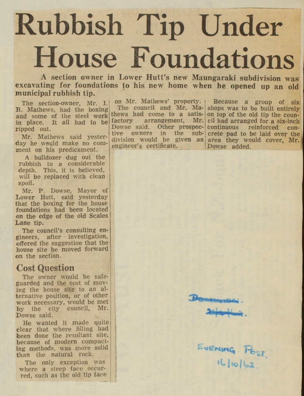 Rubbish tip under house foundations