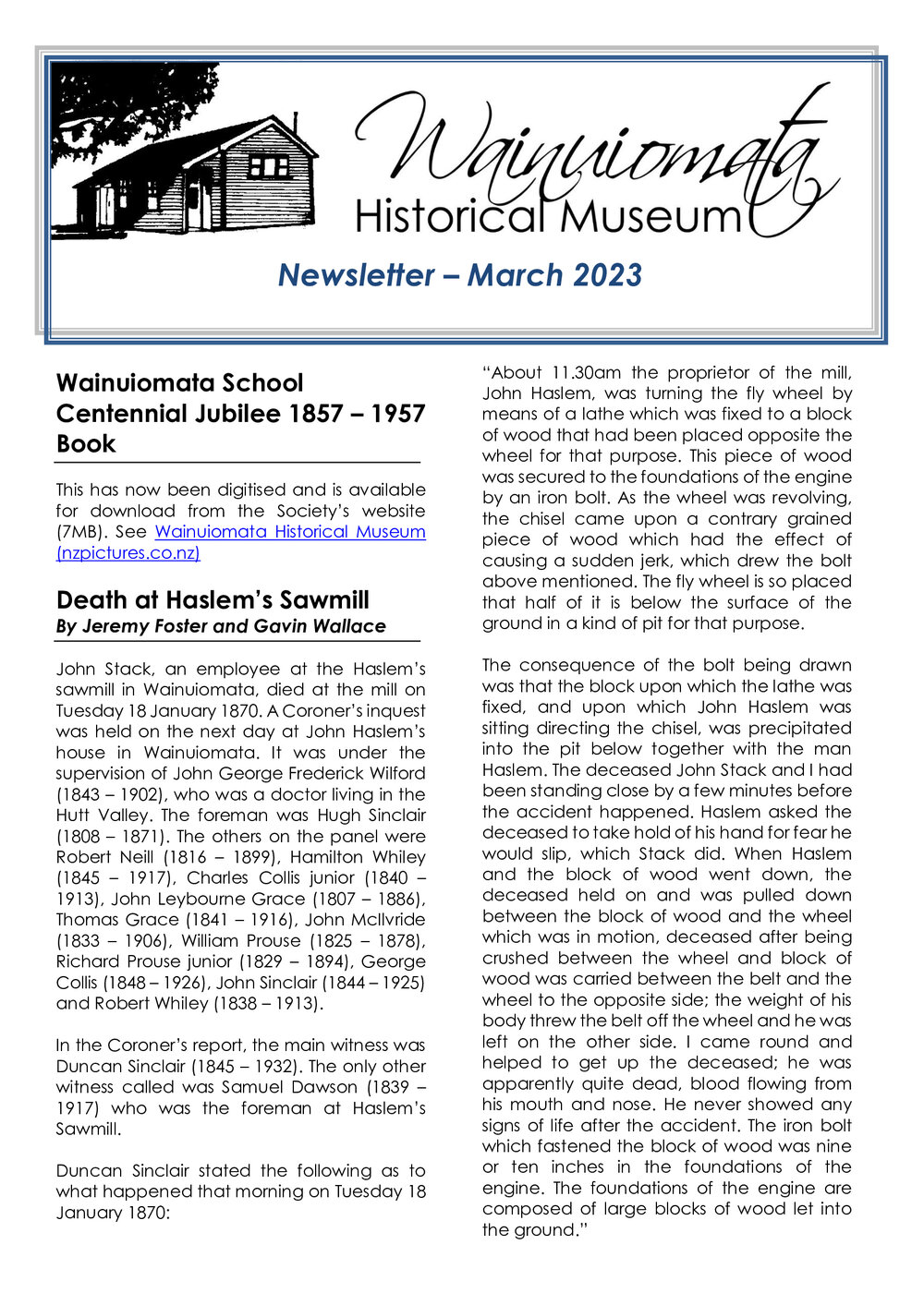Newsletter (Wainuiomata Historical Museum) March 2023