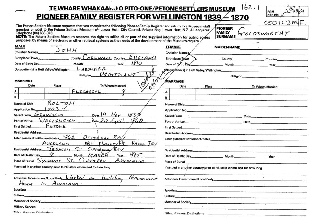 Pioneer Family Register : Goldsworthy