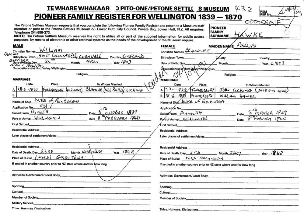 Pioneer Family Register : Hawke