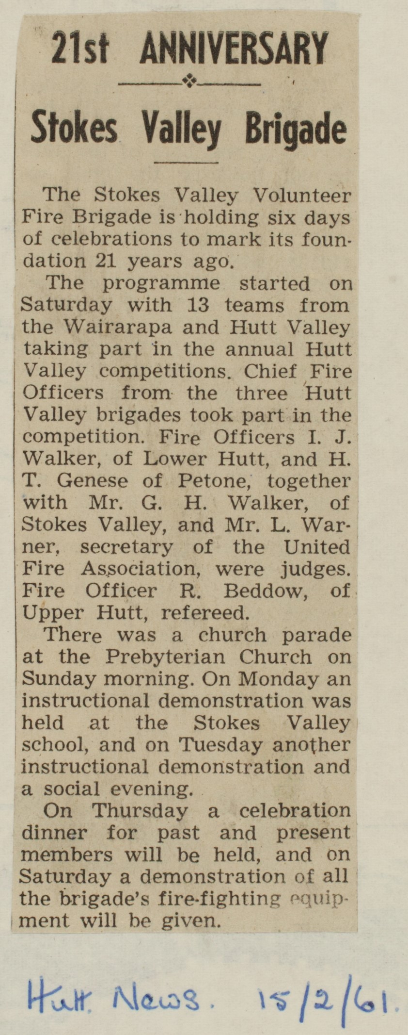 21st Anniversary of Stokes Valley Brigade