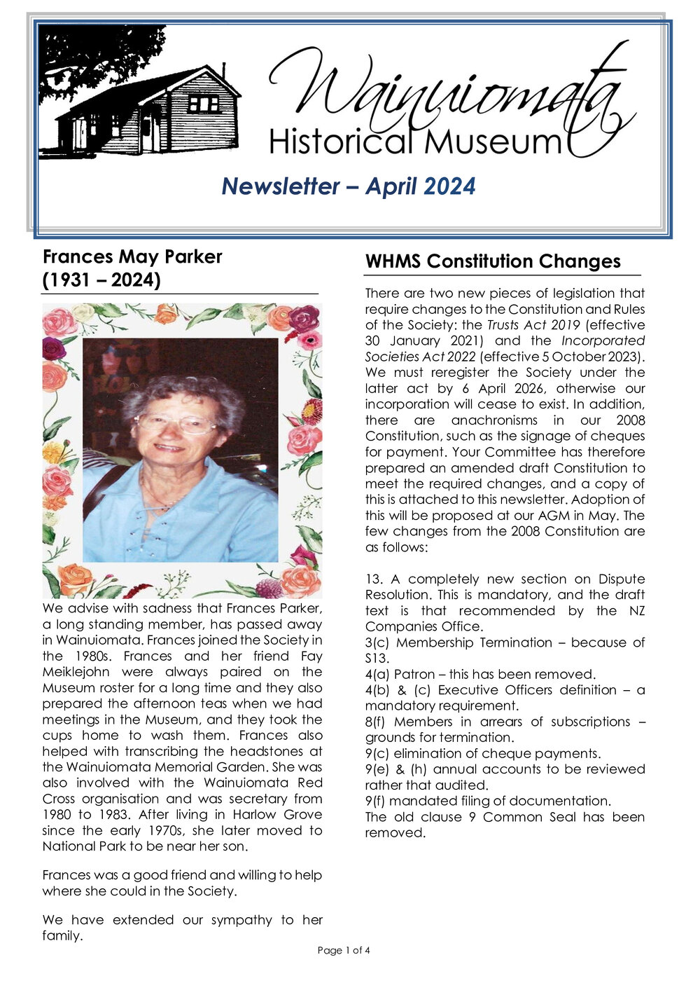 Newsletter (Wainuiomata Historical Museum) April 2024