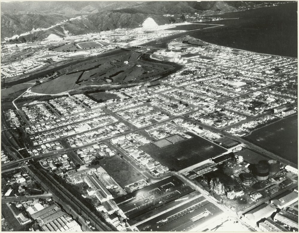 East to Eastern bays: aerial view of Petone, includes Lever's factory