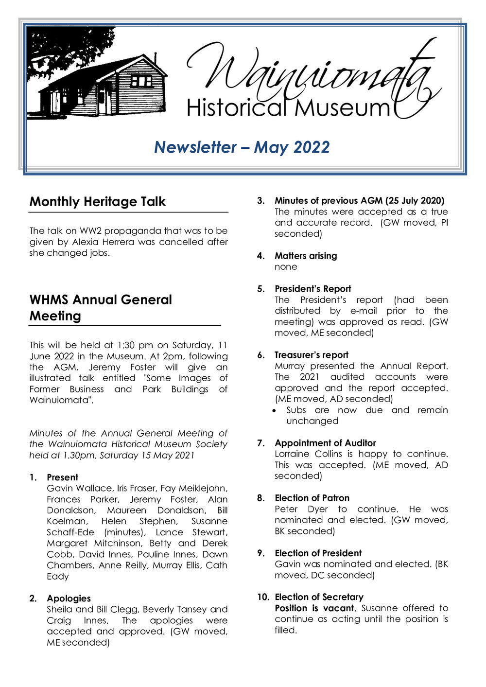 Newsletter (Wainuiomata Historical Museum) May 2022