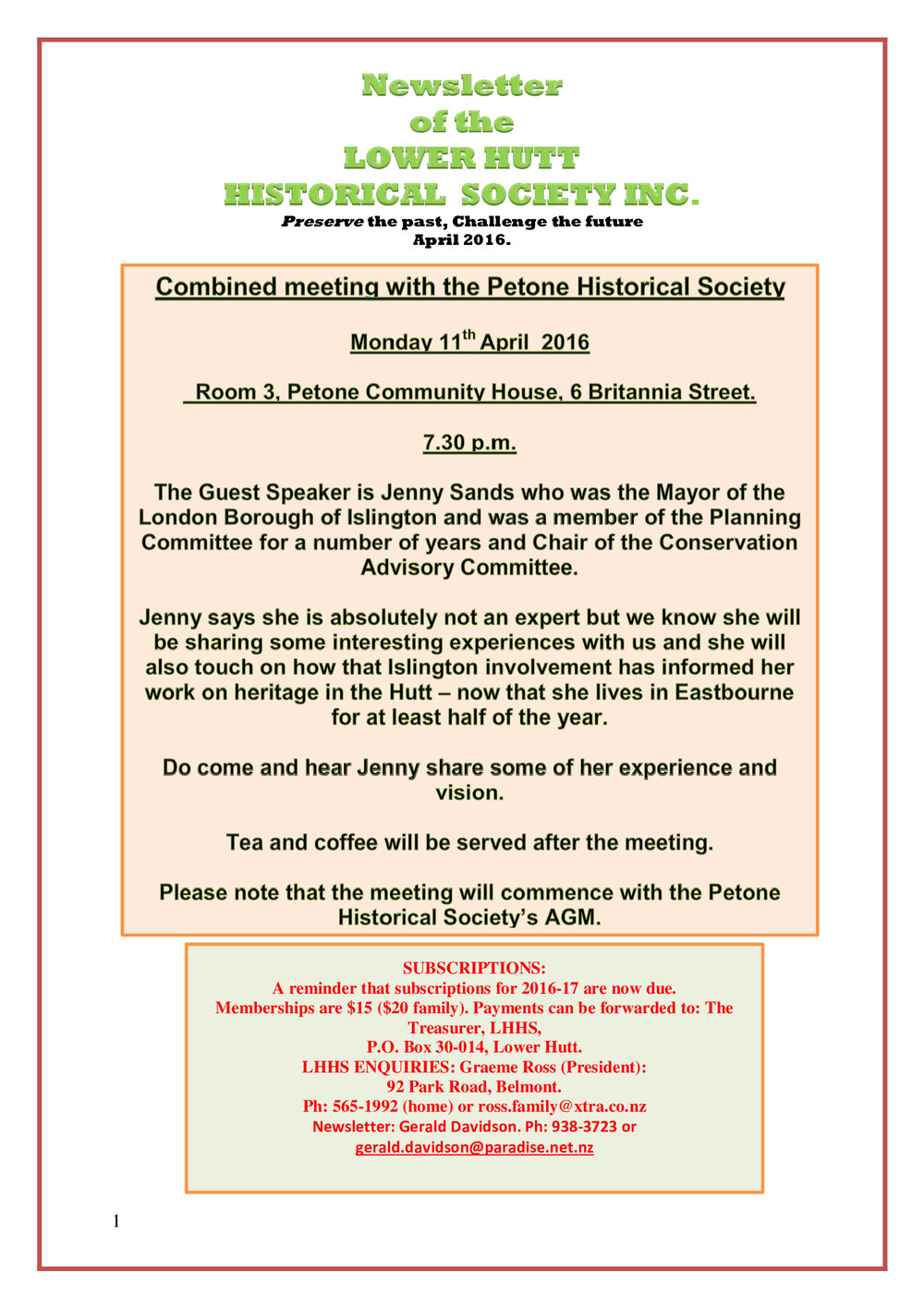 Newsletter of the Lower Hutt Historical Society