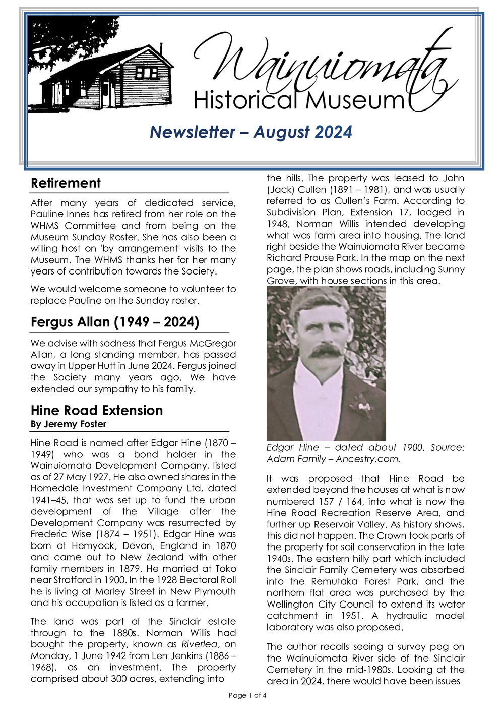 Newsletter (Wainuiomata Historical Museum Society) August 2024