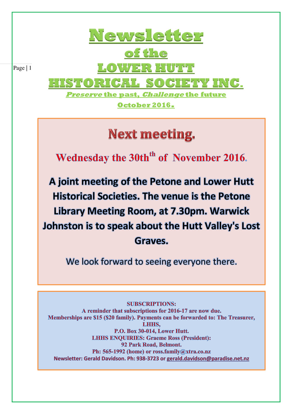 Newsletter of the Lower Hutt Historical Society
