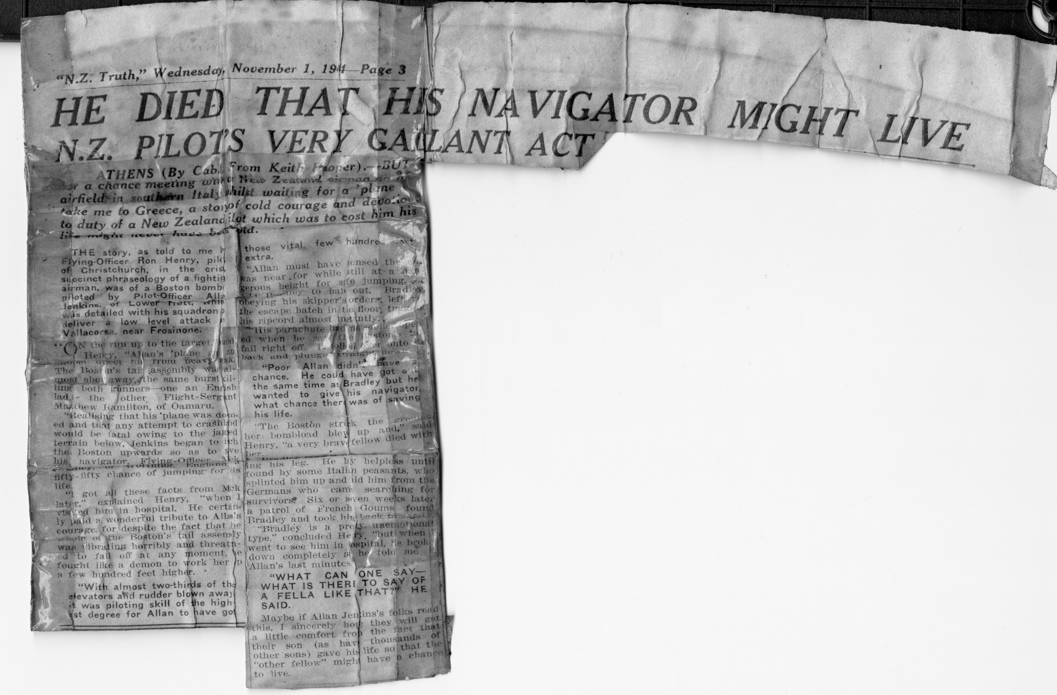 Article in The "NZ Truth" newspaper, 1 November 1944. This was kept by his family.
Jenkins family collection.