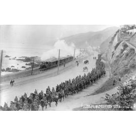 Members of the New Zealand Expeditionary Force passing along Hutt Road, October 10 1914 during World War 1.