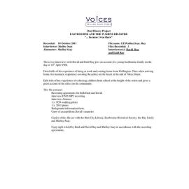 Eastbourne and the Wahine disaster:  oral history project:  David and Enid Ray. Summary and abstract